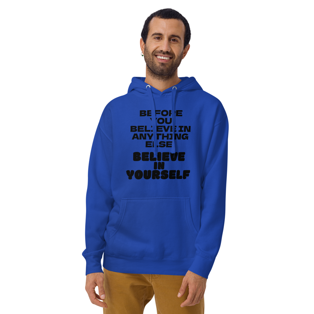 "Before you believe in anything else, believe in yourself" printed on a team royal warn by a male