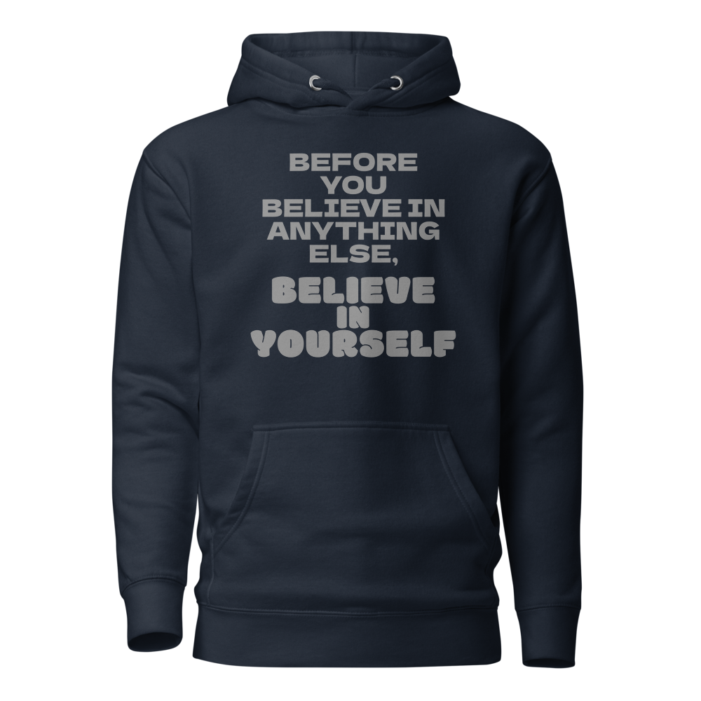 "Before you believe in anything else, believe in yourself" printed on a navy blazer on an invisible / simulated body