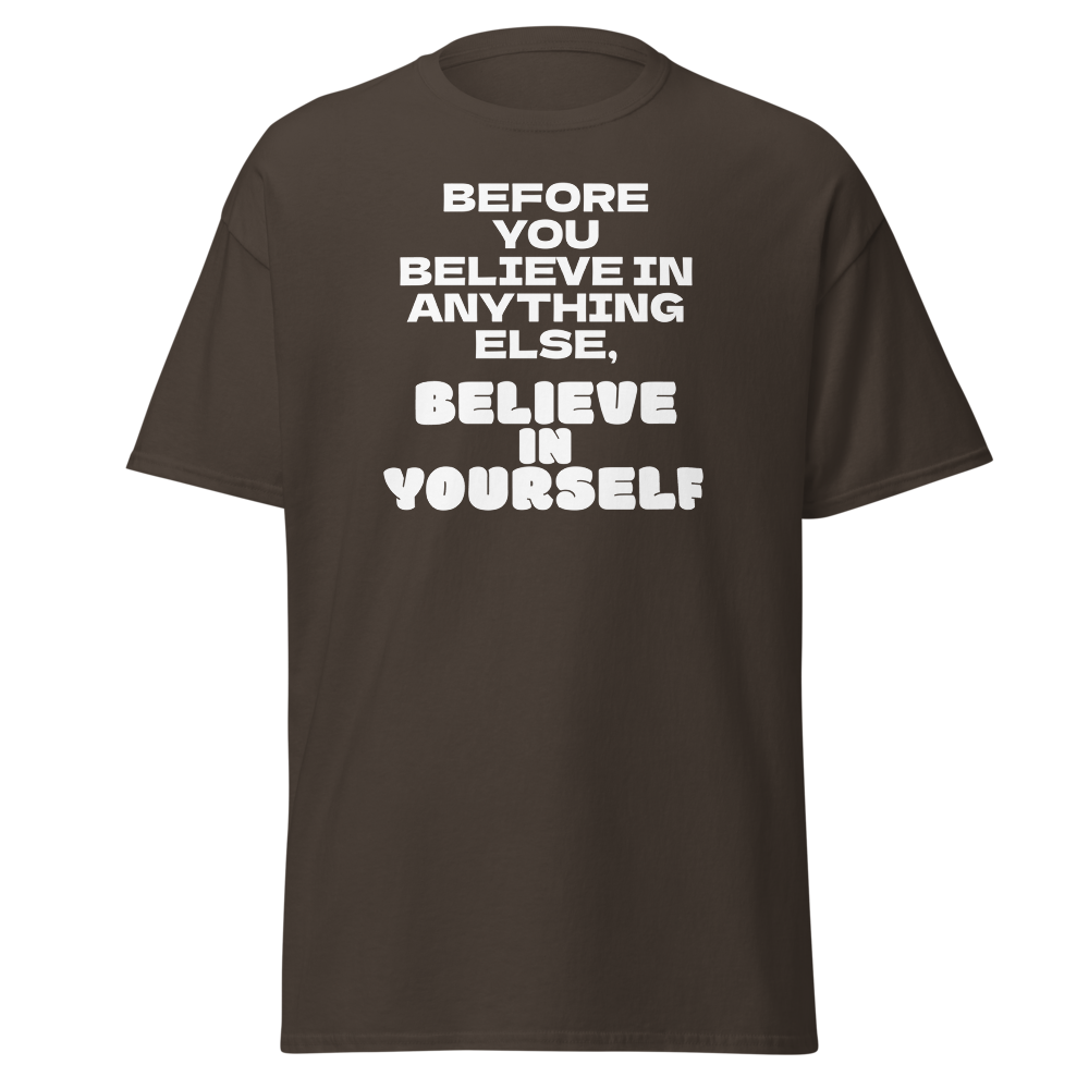 "Before you believe in anything else, believe in yourself" printed on a dark chocolate on an invisible body