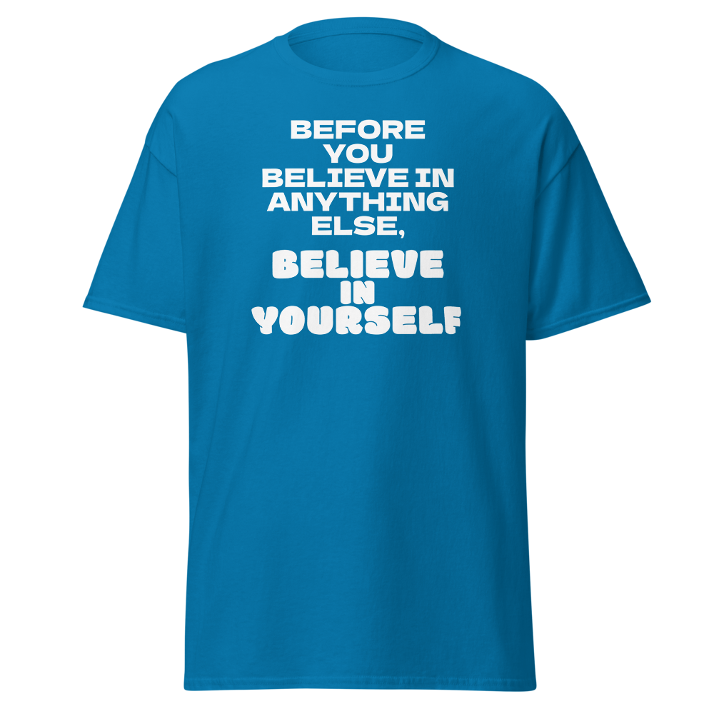 "Before you believe in anything else, believe in yourself" printed on a sapphire on an invisible body