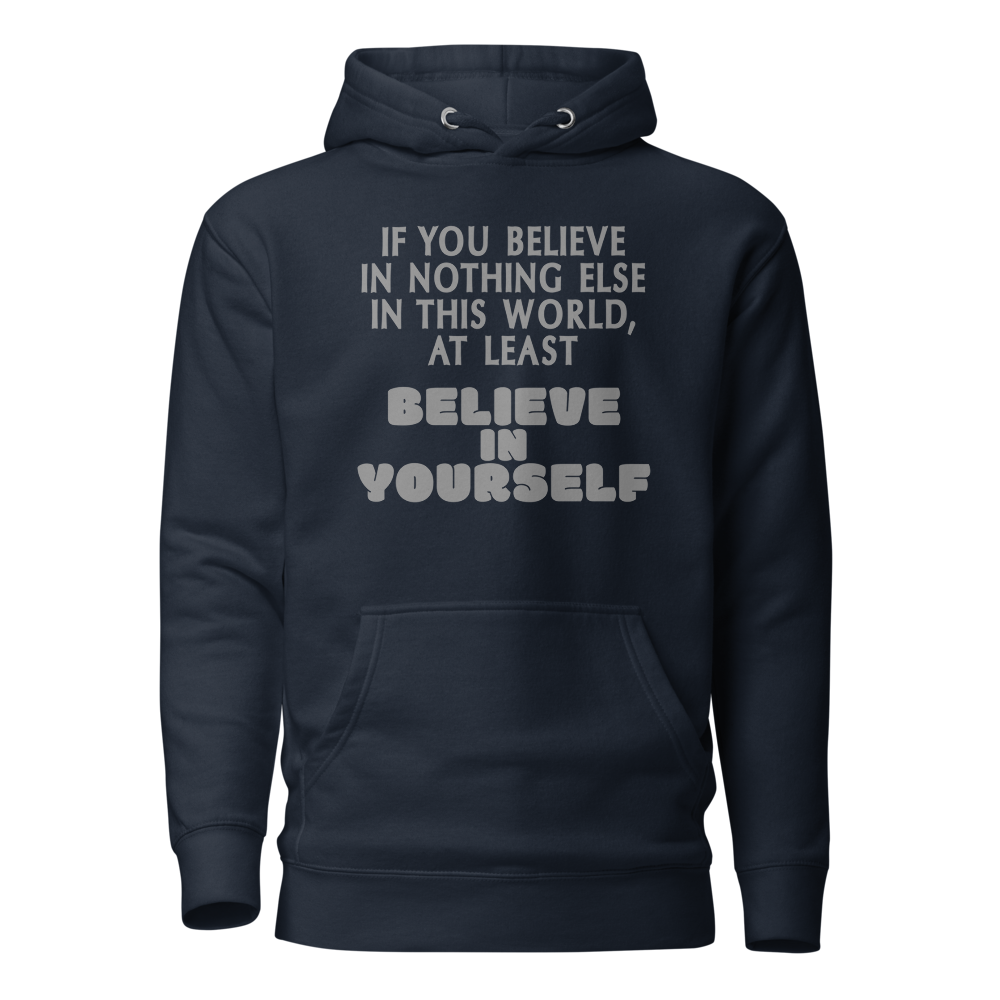 "If you believe in nothing else in this world, at least believe in yourself" printed on a navy blazer on an invisible / simulated body