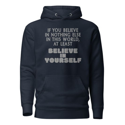 "If you believe in nothing else in this world, at least believe in yourself" printed on a navy blazer on an invisible / simulated body