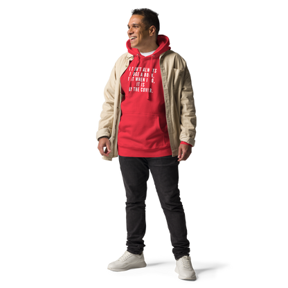 "I Don't always Judge a Book, but when I do, it's by the cover." printed on a team red unisex hoodie worn by a male with a jacket on top