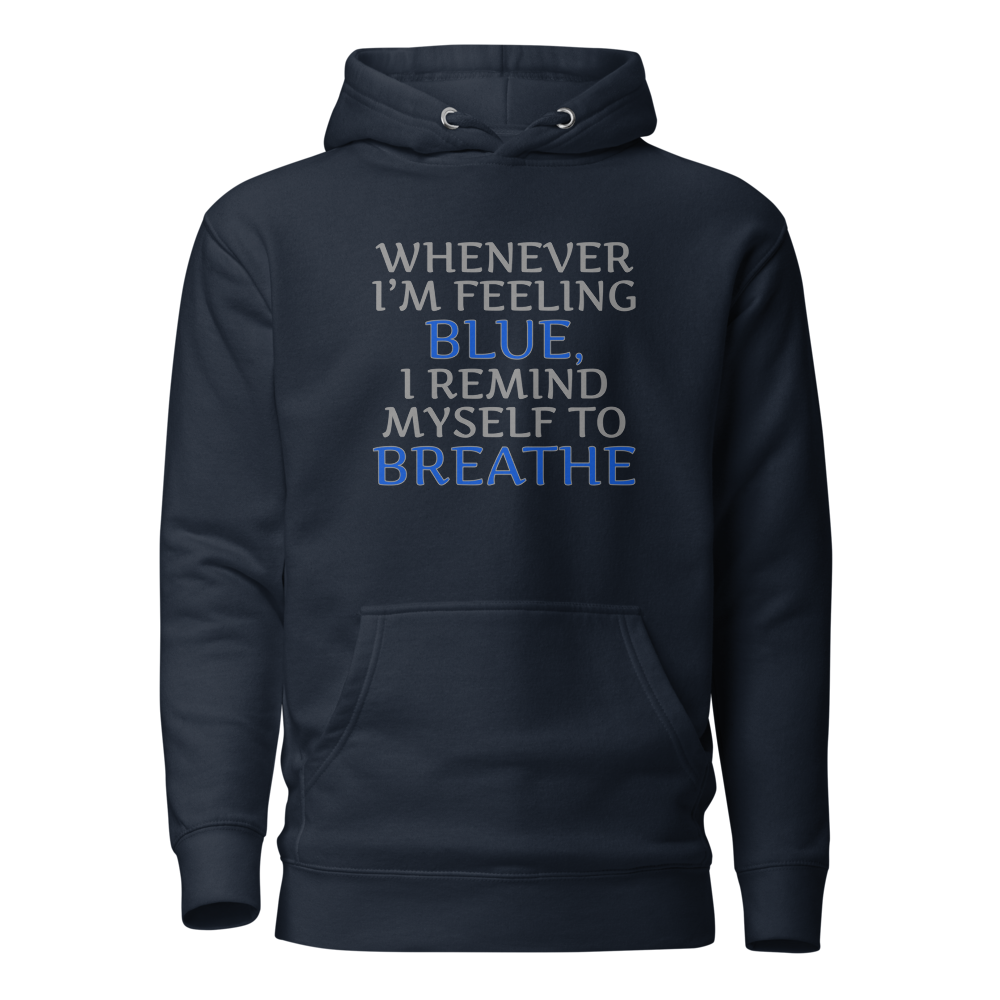 "Whenever I'm feeling blue, I remind myself to breathe" printed on a navy blazer on an invisible / simulated body