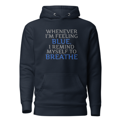 "Whenever I'm feeling blue, I remind myself to breathe" printed on a navy blazer on an invisible / simulated body