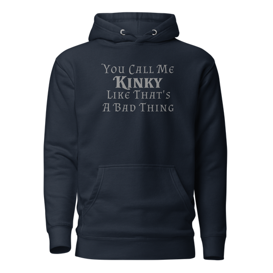 "You Call Me Kinky Like That's A Bad Thing" printed on a navy blazer on an invisible / simulated body