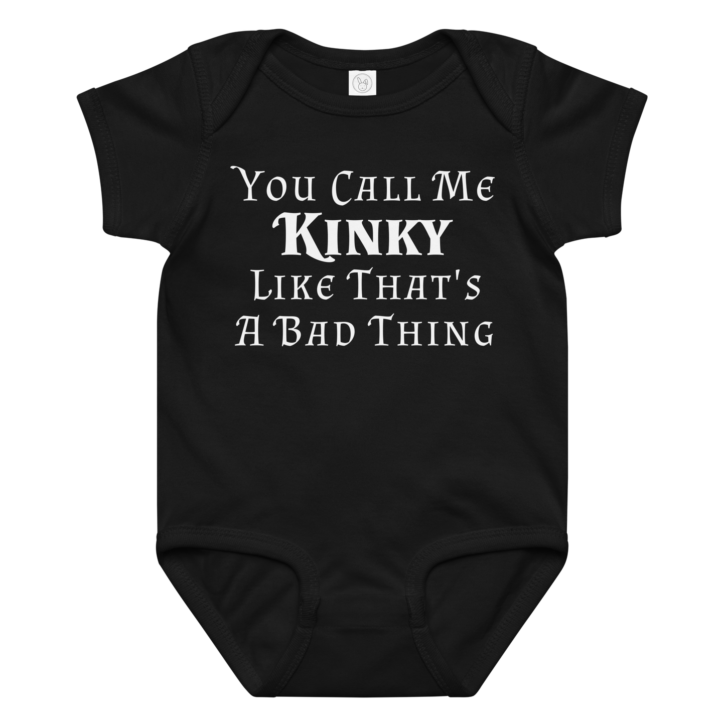 "You Call Me Kinky Like That's A Bad Thing" printed on a black baby jersey bodysuit laying on a flat surface amongst other clothes
