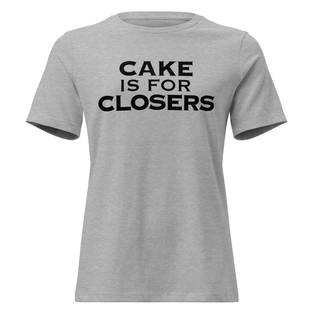 "Cake Is For Closers" printed on a athletic heather on an invisible / simulated body