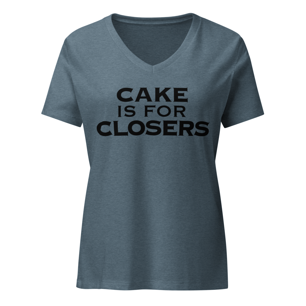 "Cake Is For Closers" printed on a heather slate on an invisible / simulated body