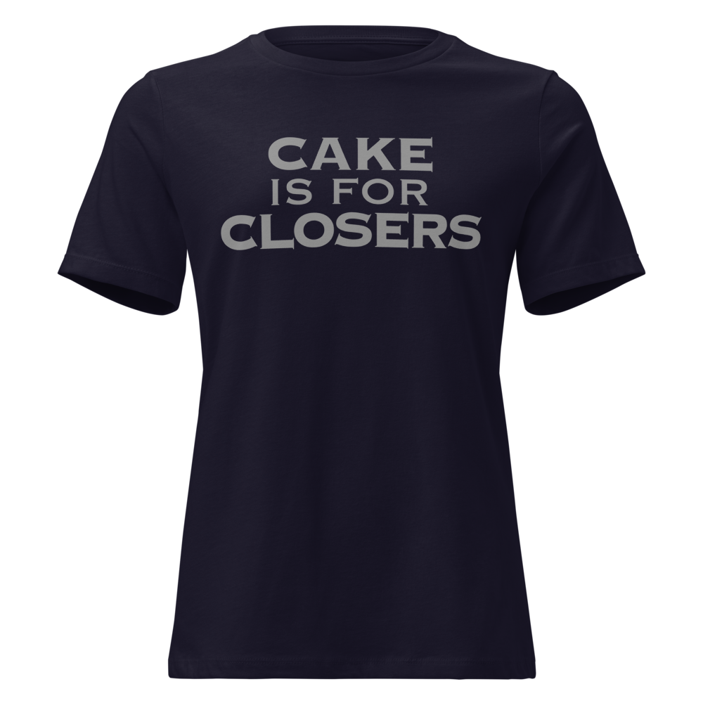 "Cake Is For Closers" printed on a navy on an invisible / simulated body