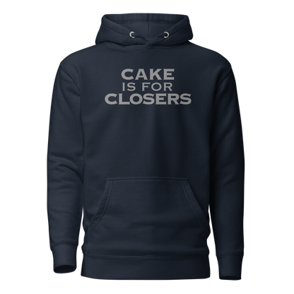 "Cake Is For Closers" printed on a navy blazer on an invisible / simulated body