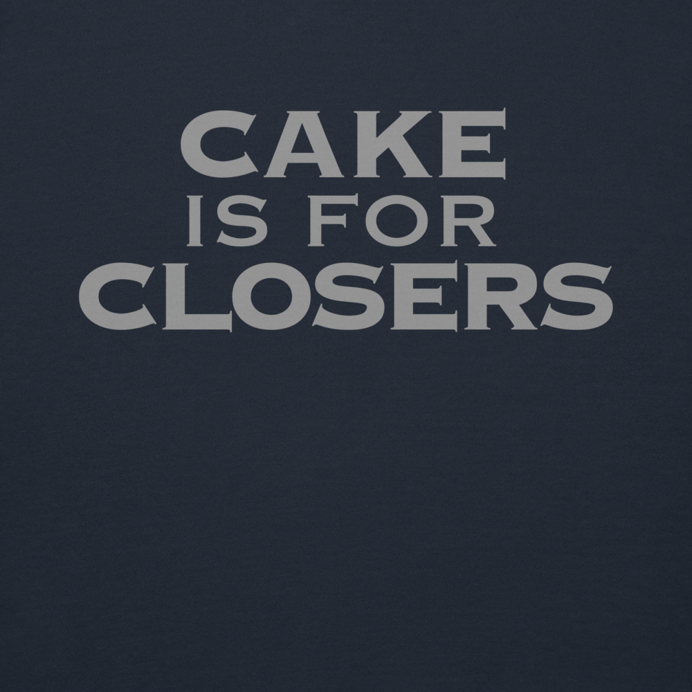"Cake Is For Closers" printed on a navy blazer background