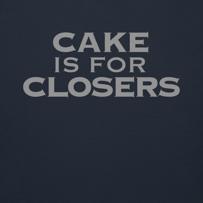"Cake Is For Closers" printed on a navy blazer background