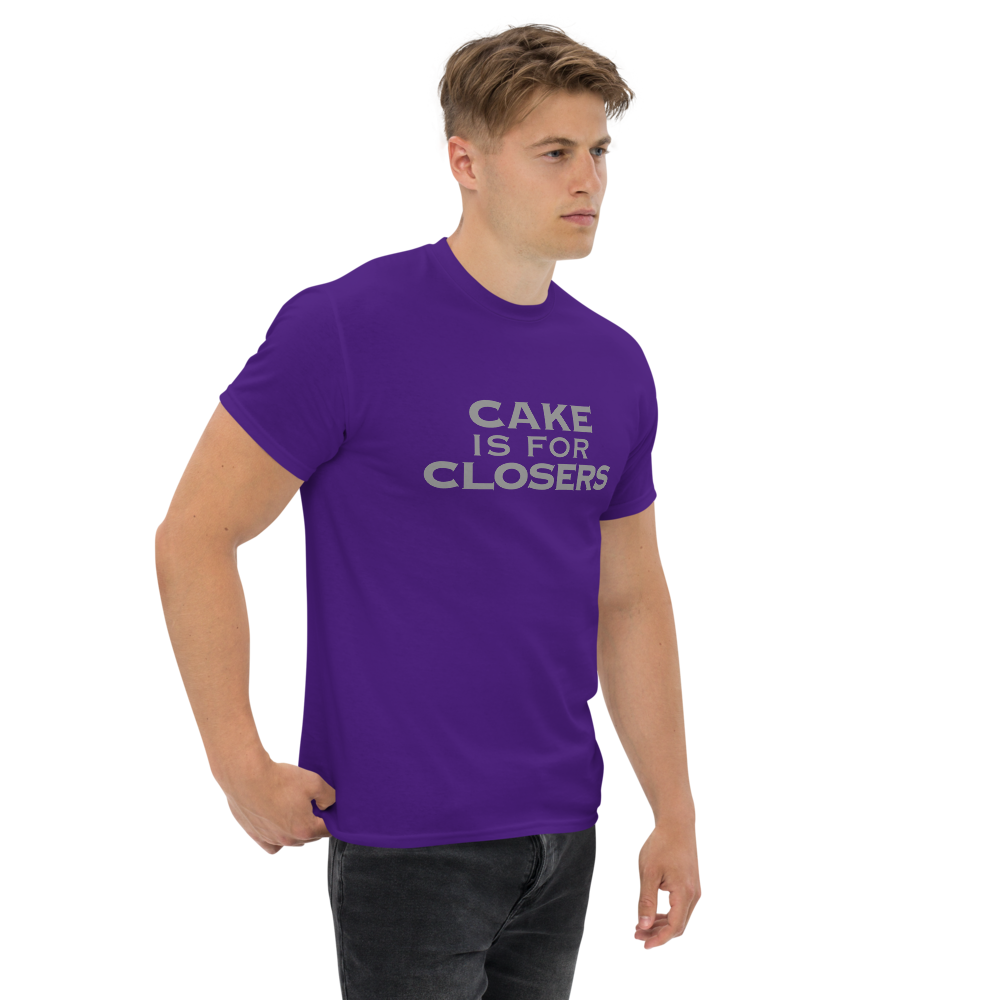 "Cake Is For Closers" printed on a purple unisex classic tee worn by a male