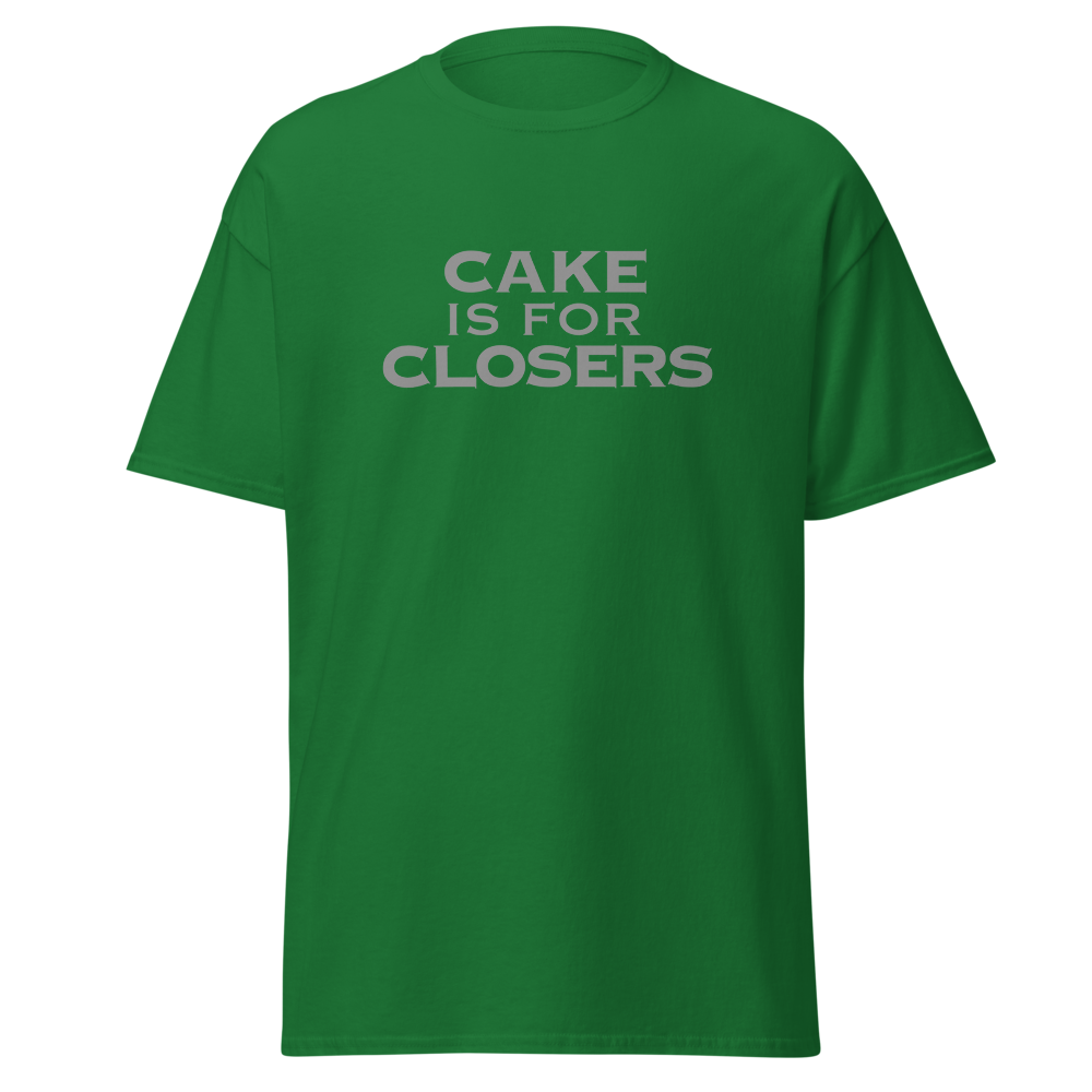 "Cake Is For Closers" printed on a turf green on an invisible body