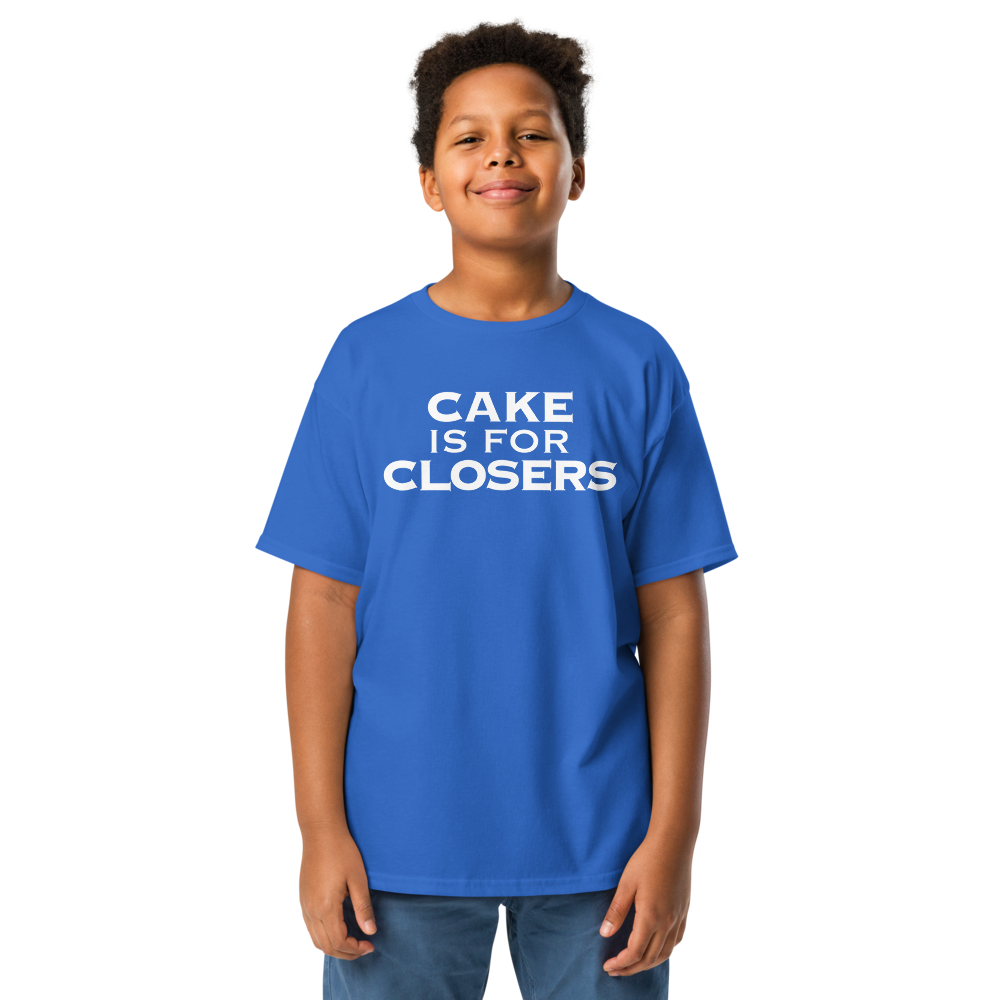 "Cake Is For Closers" printed on a royal youth classic tee worn by a male