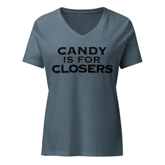 "Candy Is For Closers" printed on a heather slate on an invisible / simulated body