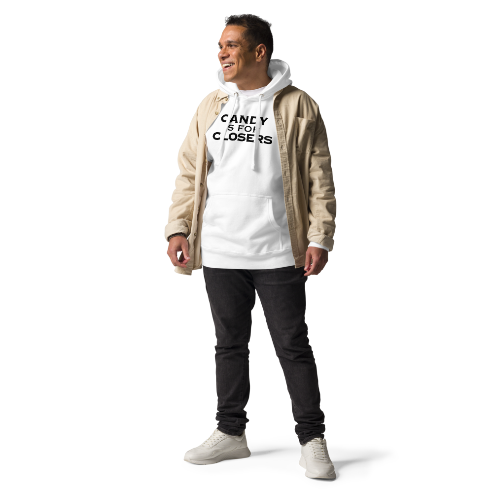 "Candy Is For Closers" printed on a white unisex hoodie worn by a male with a jacket on top