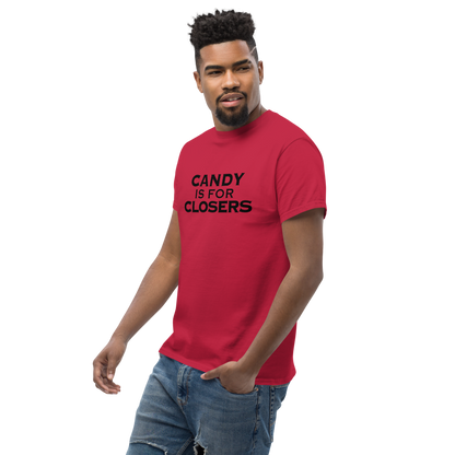 "Candy Is For Closers" printed on a cardinal unisex classic tee worn by a male