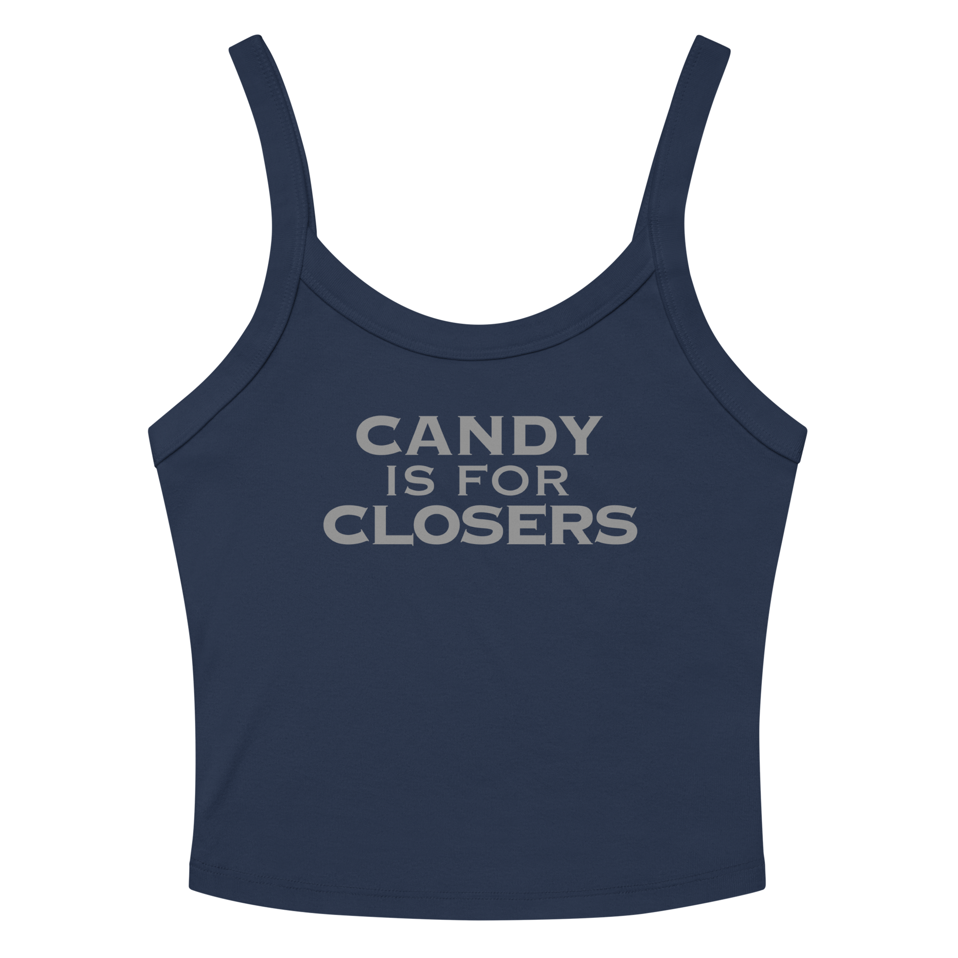 "Candy Is For Closers" printed on a solid navy blend women's micro-rib tanktop laying on a flat surface amongst sunglasses and shorts