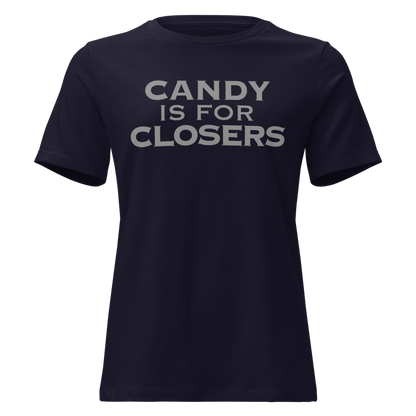 "Candy Is For Closers" printed on a navy on an invisible / simulated body