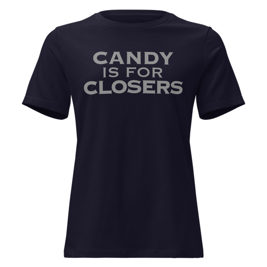 "Candy Is For Closers" printed on a navy on an invisible / simulated body