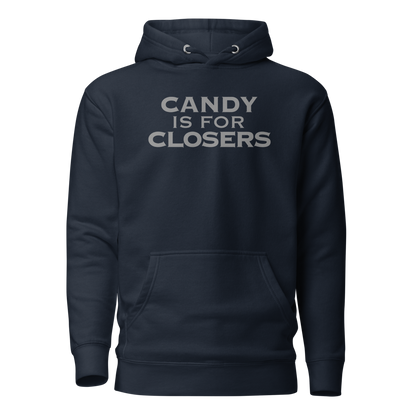 "Candy Is For Closers" printed on a navy blazer on an invisible / simulated body