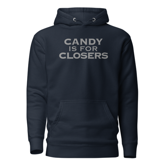 "Candy Is For Closers" printed on a navy blazer on an invisible / simulated body