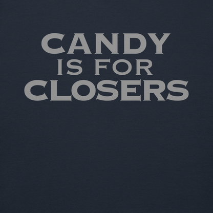 "Candy Is For Closers" printed on a navy blazer background