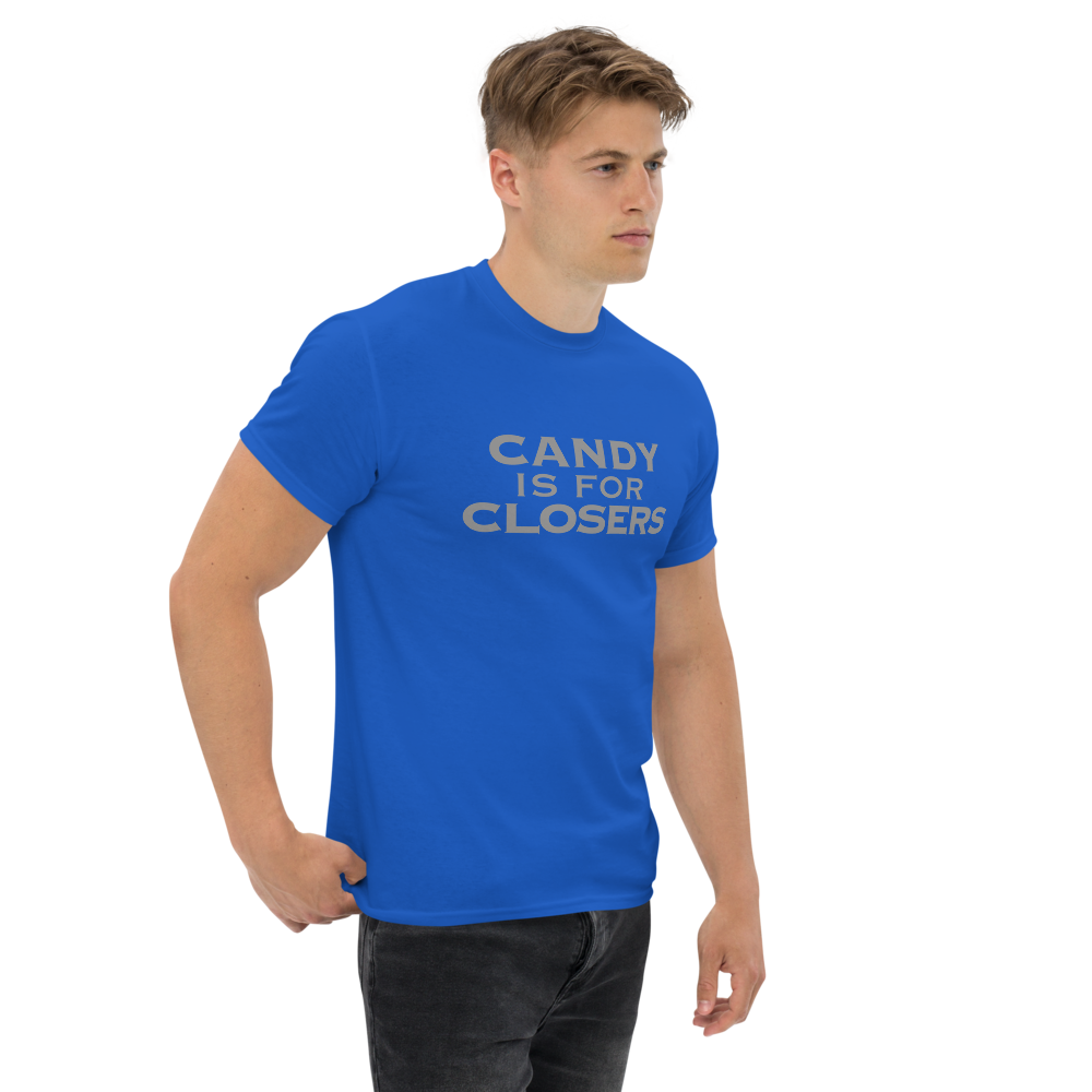 "Candy Is For Closers" printed on a royal unisex classic tee worn by a male