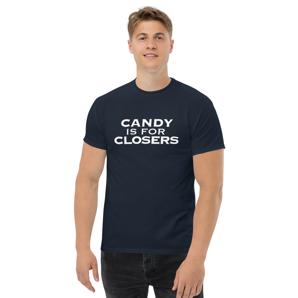 "Candy Is For Closers" printed on a navy unisex classic tee worn by a male