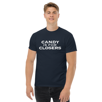 "Candy Is For Closers" printed on a navy unisex classic tee worn by a male