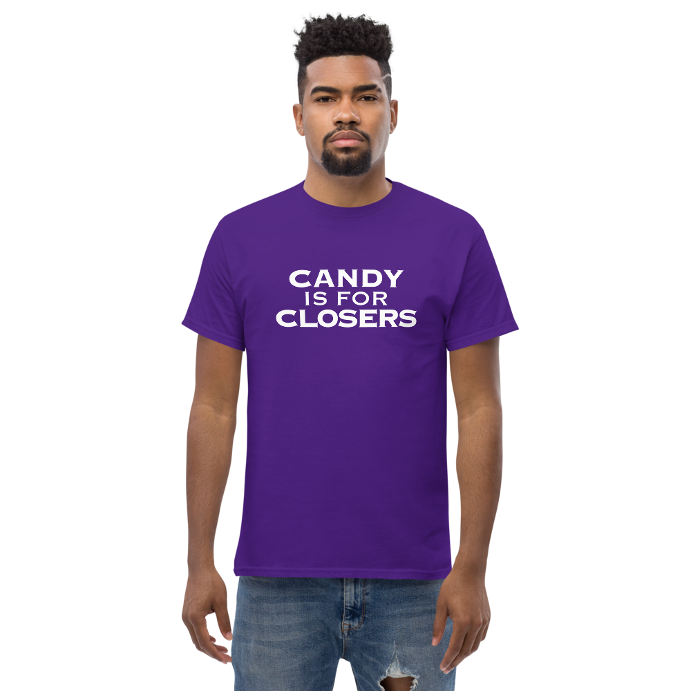"Candy Is For Closers" printed on a purple unisex classic tee worn by a male