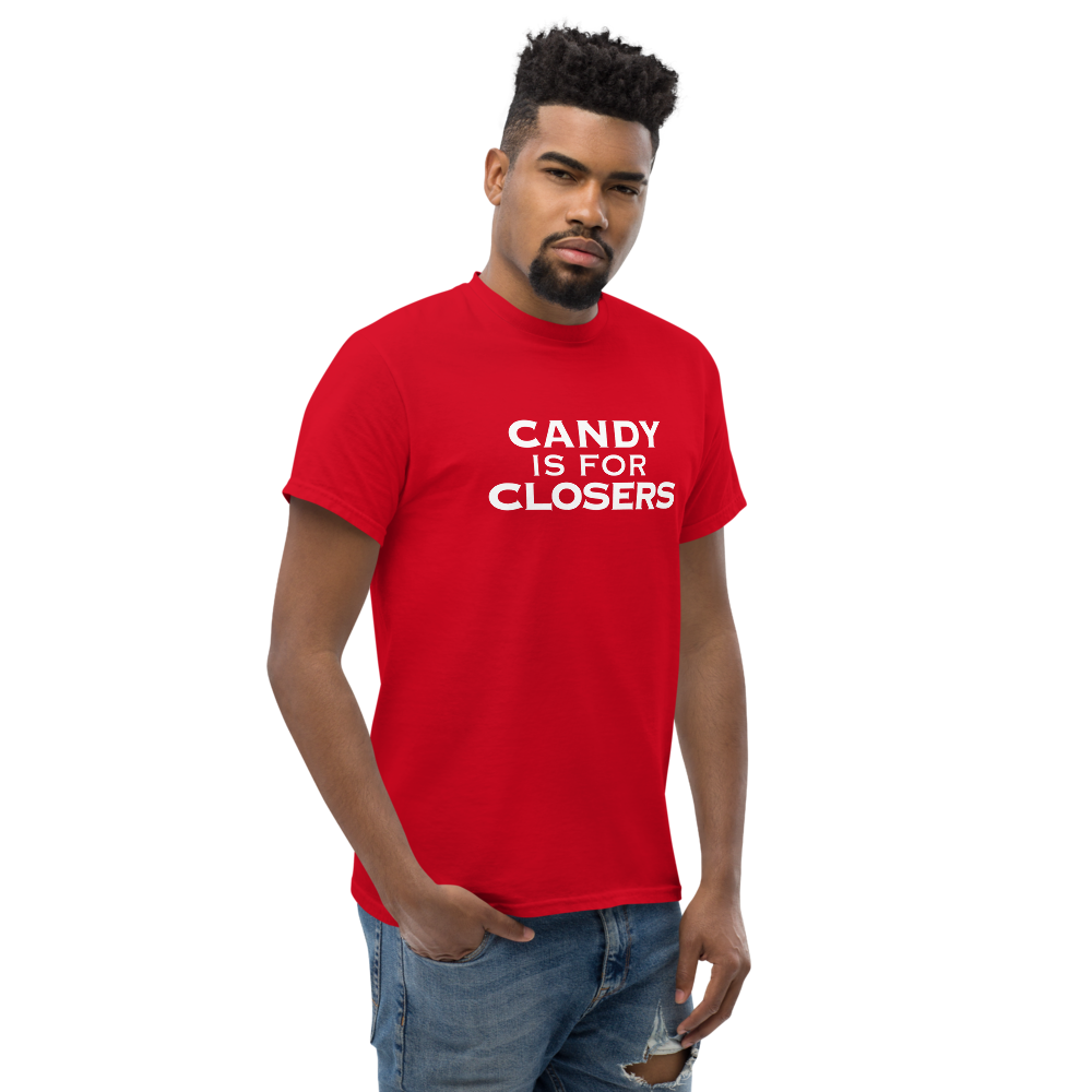 "Candy Is For Closers" printed on a red unisex classic tee worn by a male