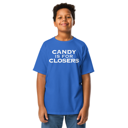 "Candy Is For Closers" printed on a royal youth classic tee worn by a male
