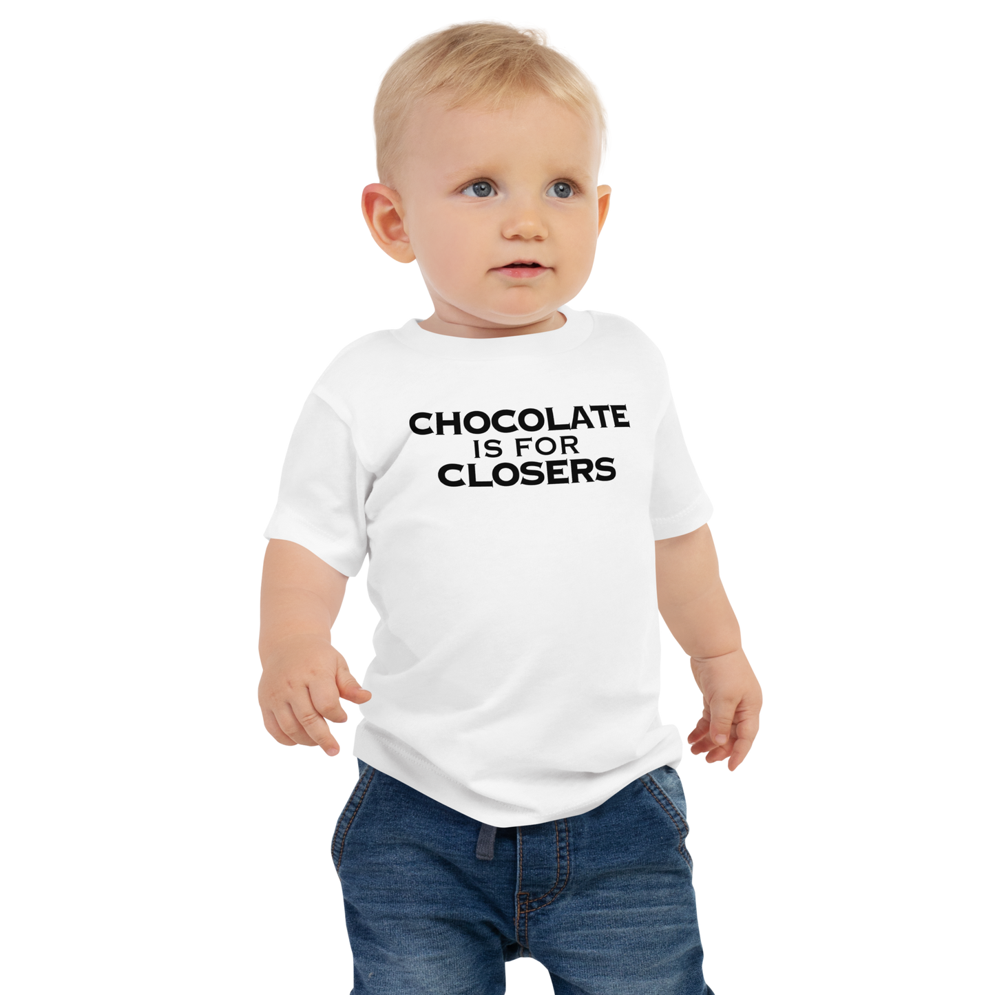 "Chocolate Is For Closers" printed on a white baby jersey short sleeve tee worn by a male