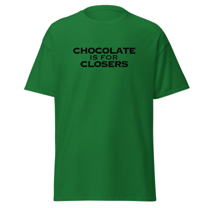 "Chocolate Is For Closers" printed on a turf green on an invisible body
