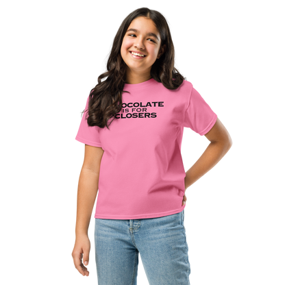 "Chocolate Is For Closers" printed on a azalea youth classic tee worn by a female