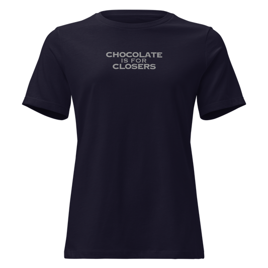 "Chocolate Is For Closers" printed on a navy on an invisible / simulated body