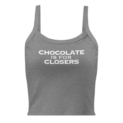 Closers - Chocolate in White on Women's Micro-Rib Tank Top (Bella+Canvas - 1012)