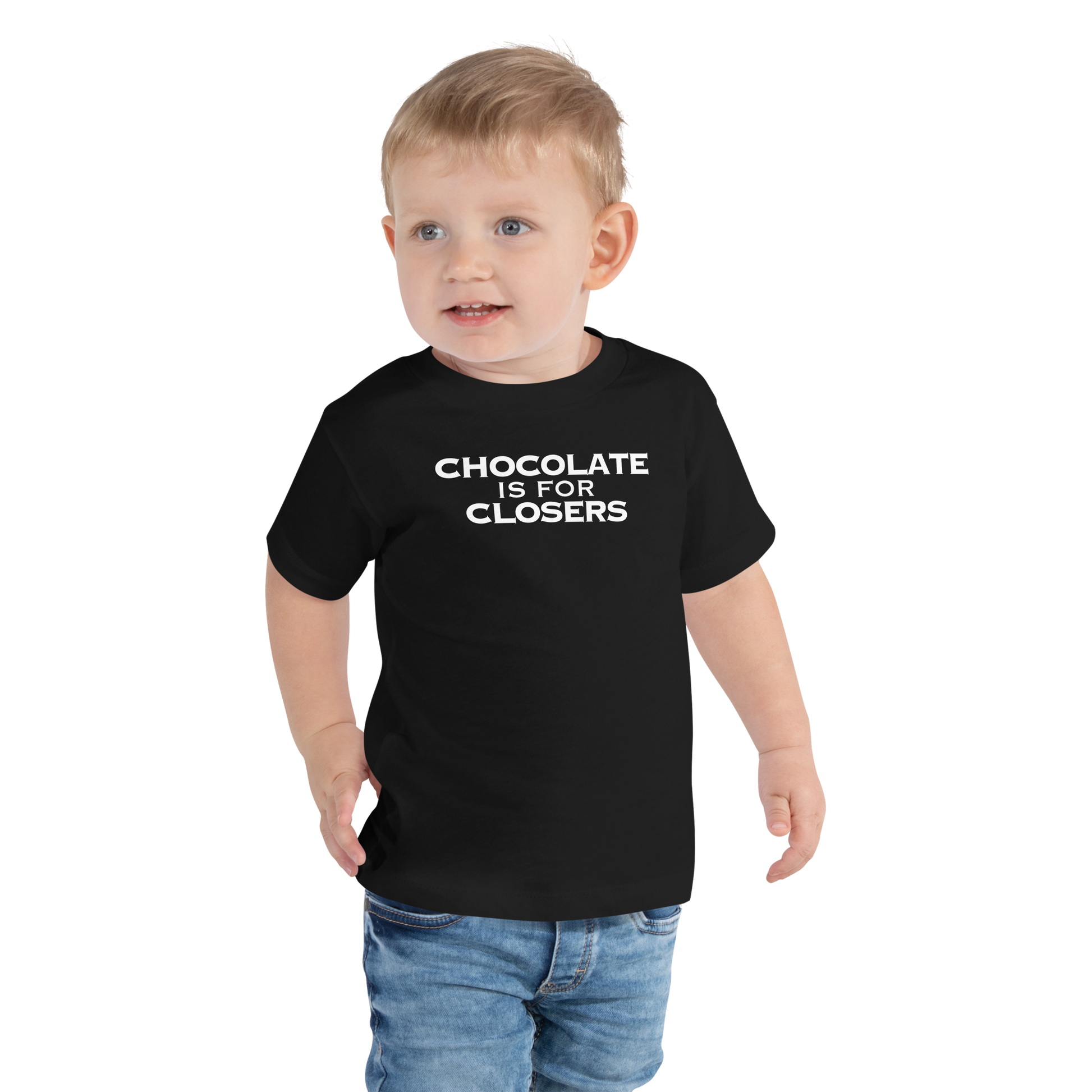 "Chocolate Is For Closers" printed on a black toddler short sleeve tee worn by a male