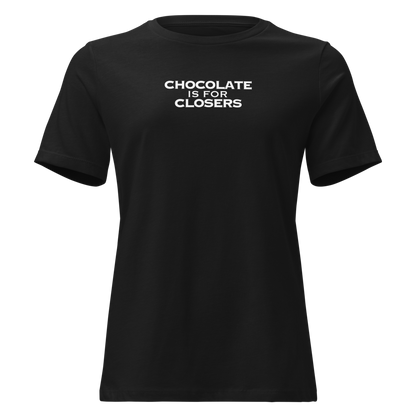 "Chocolate Is For Closers" printed on a black on an invisible / simulated body