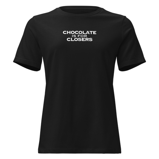 "Chocolate Is For Closers" printed on a black on an invisible / simulated body