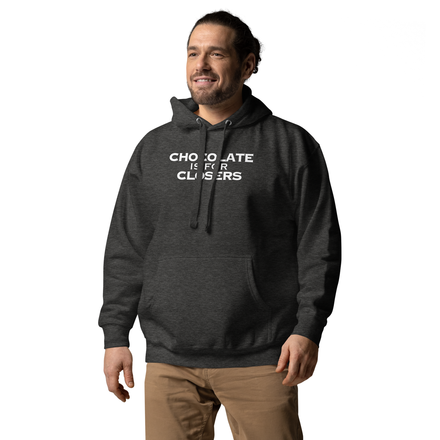 "Chocolate Is For Closers" printed on a charcoal heather unisex hoodie worn by a male