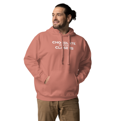 "Chocolate Is For Closers" printed on a dusty rose unisex hoodie worn by a male
