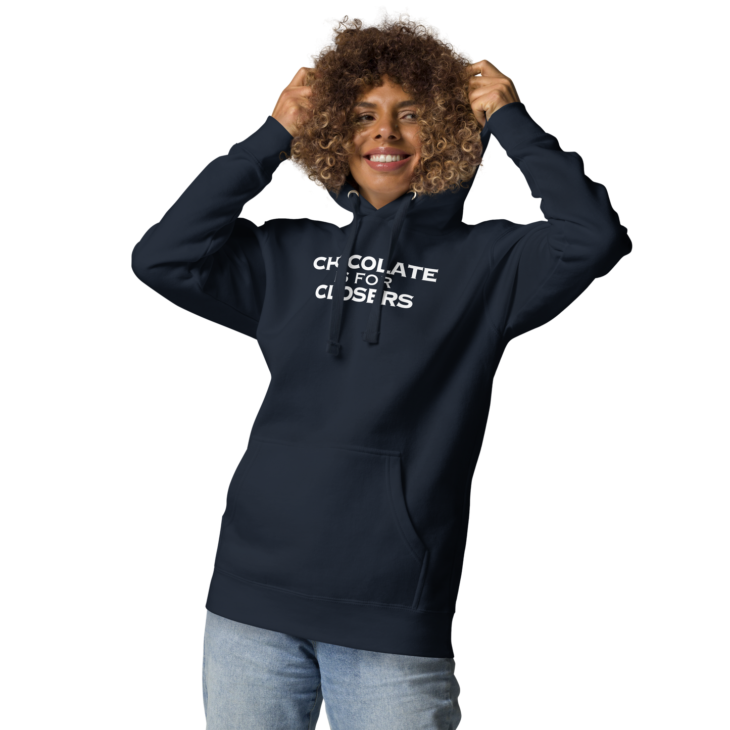 "Chocolate Is For Closers" printed on a navy blazer unisex hoodie worn by a female