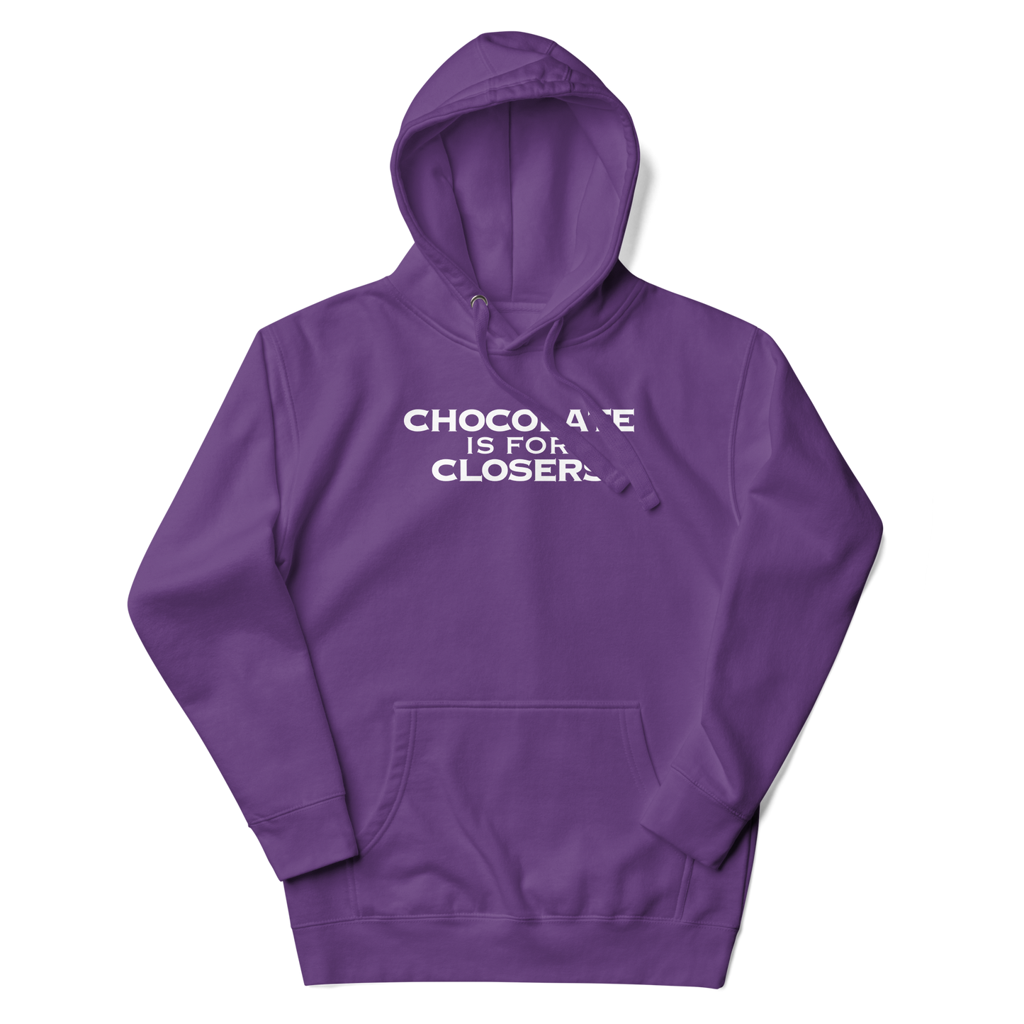 "Chocolate Is For Closers" printed on a purple unisex hoodie laying on a flat surface with the hood up