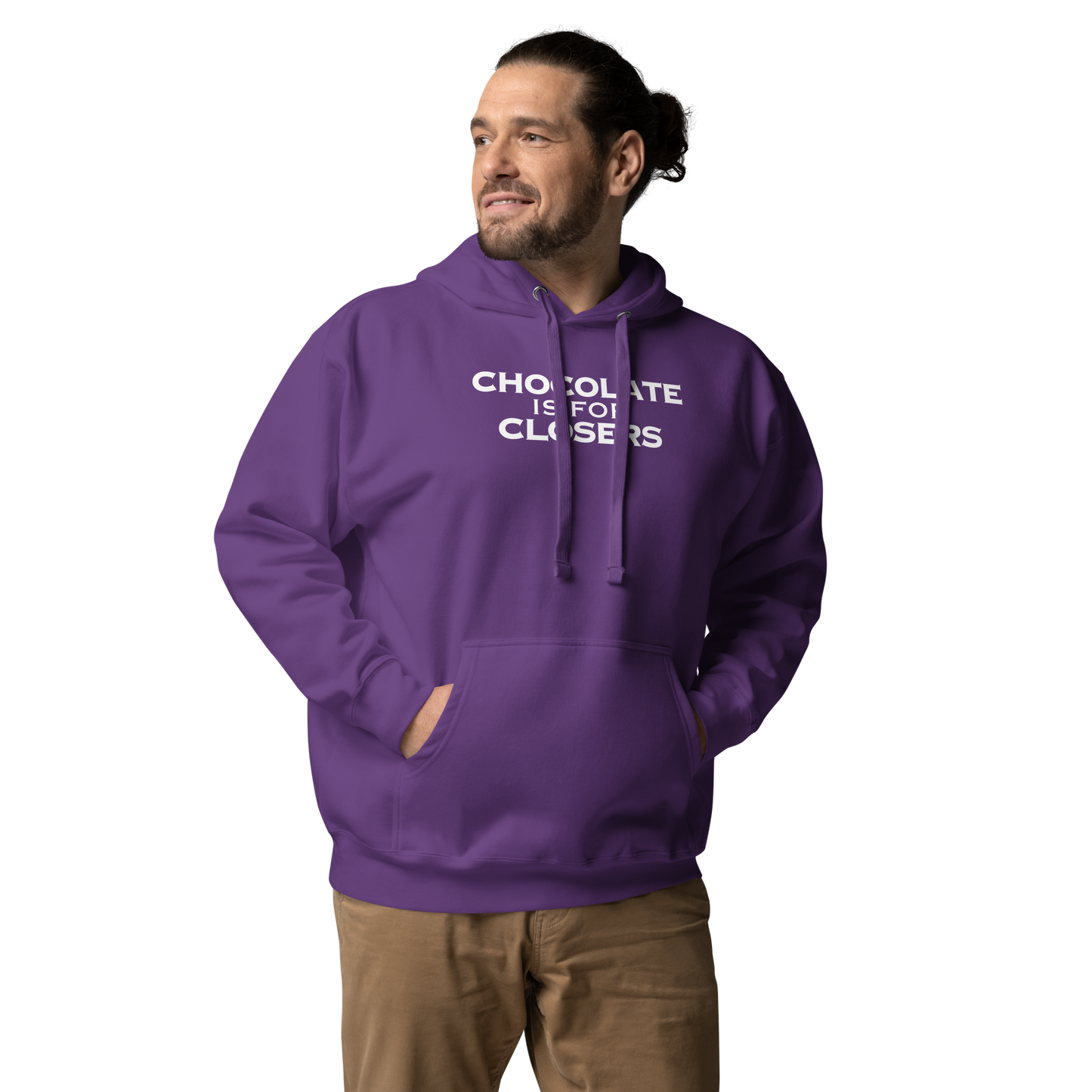 "Chocolate Is For Closers" printed on a purple unisex hoodie worn by a male