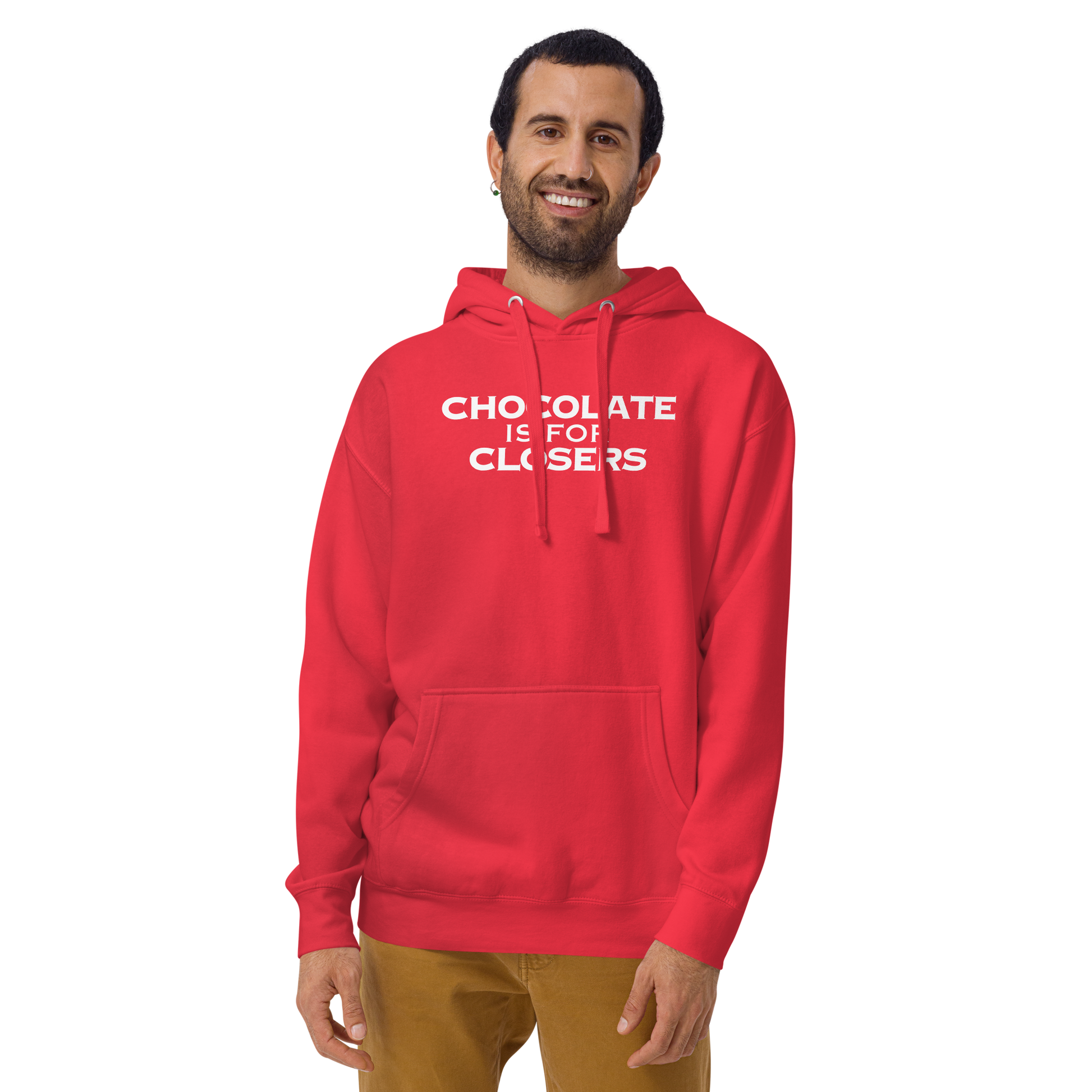 "Chocolate Is For Closers" printed on a team red warn by a male