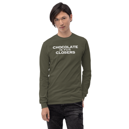"Chocolate Is For Closers" printed on a military green men's long sleeve shirt worn by a male